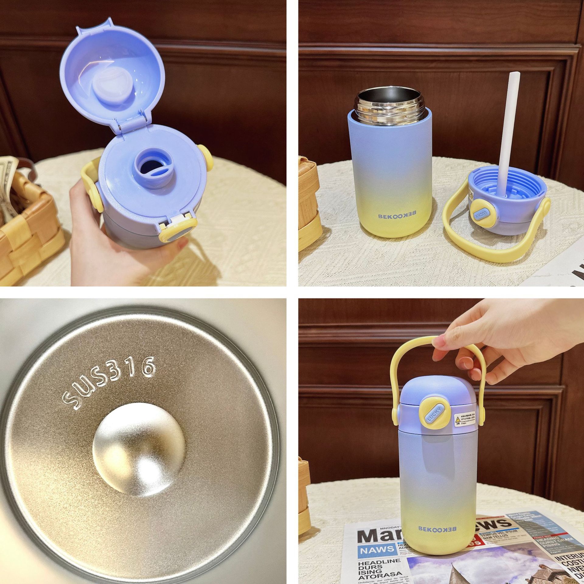 Gradient color simple insulated cup, frosted fashionable double-drinking straw cup, portable hand-held clear stainless steel cup for girls Specification drawing