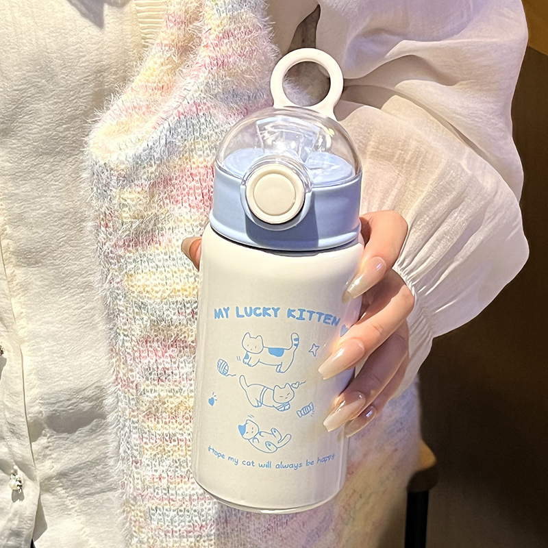 Ins-style warm color cute student stainless steel insulated cup 316 portable coffee cat insulated cup straw water bottle full figure