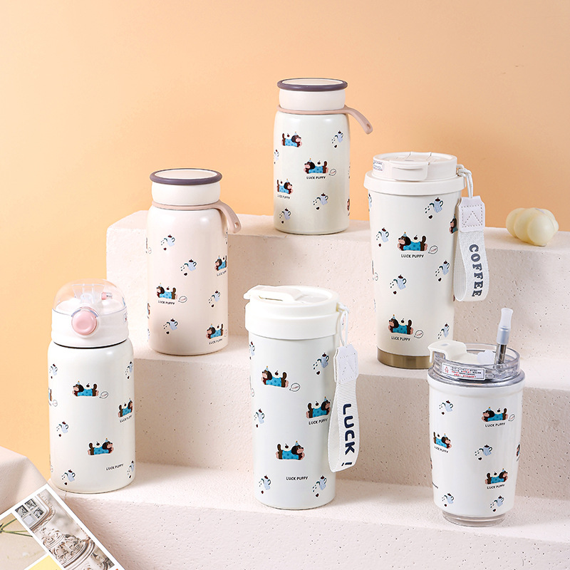 Water bottle, cute puppy, large-capacity insulated cup, high appearance level for girls, carrying tea strainer, tea cup for students, stainless steel Specification drawing
