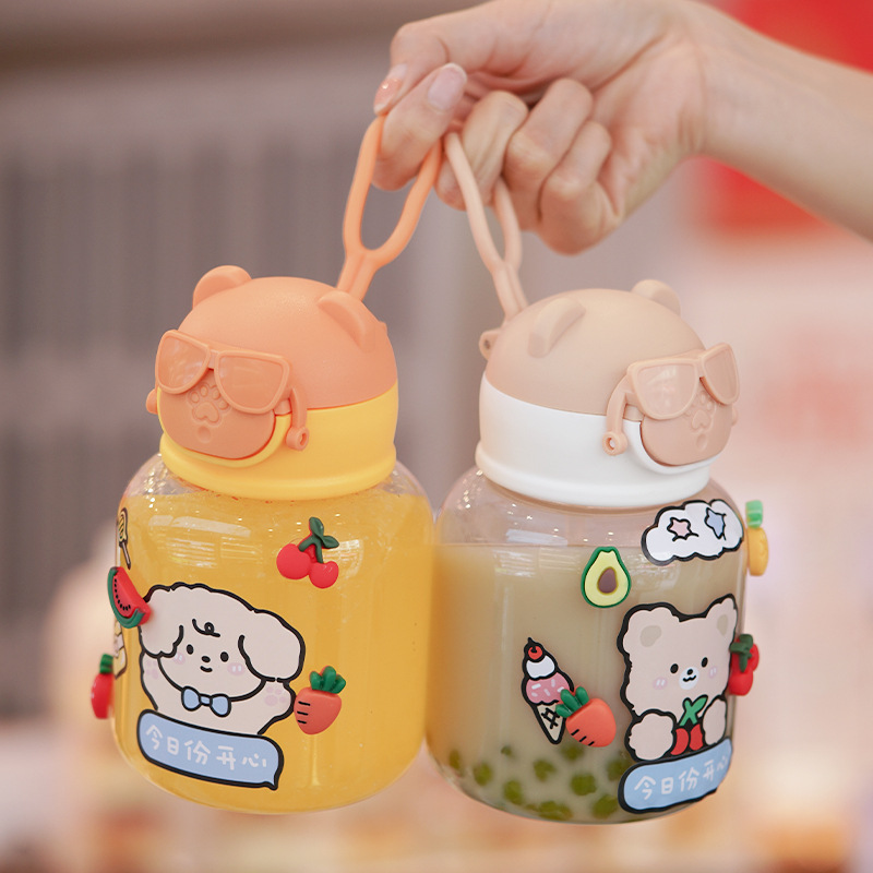 New fashionable and cute plastic water cups for students, boys, girls and children, large-capacity glasses, bear bouncing cartoon straw cups details Picture