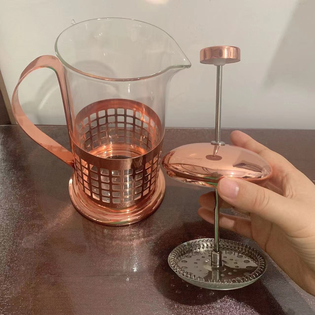 French coffee pot, stainless steel rose gold filter, household coffee pot wholesale, milk mixer, hand-brewed coffee, heat-resistant Specification drawing