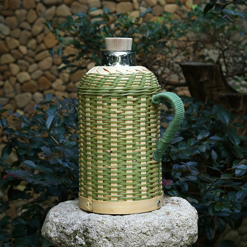 Wholesale bamboo woven thermos flasks for household handcrafted bamboo green Chinese retro tea room and restaurant large-capacity inner liner insulated thermos flasks Specification drawing