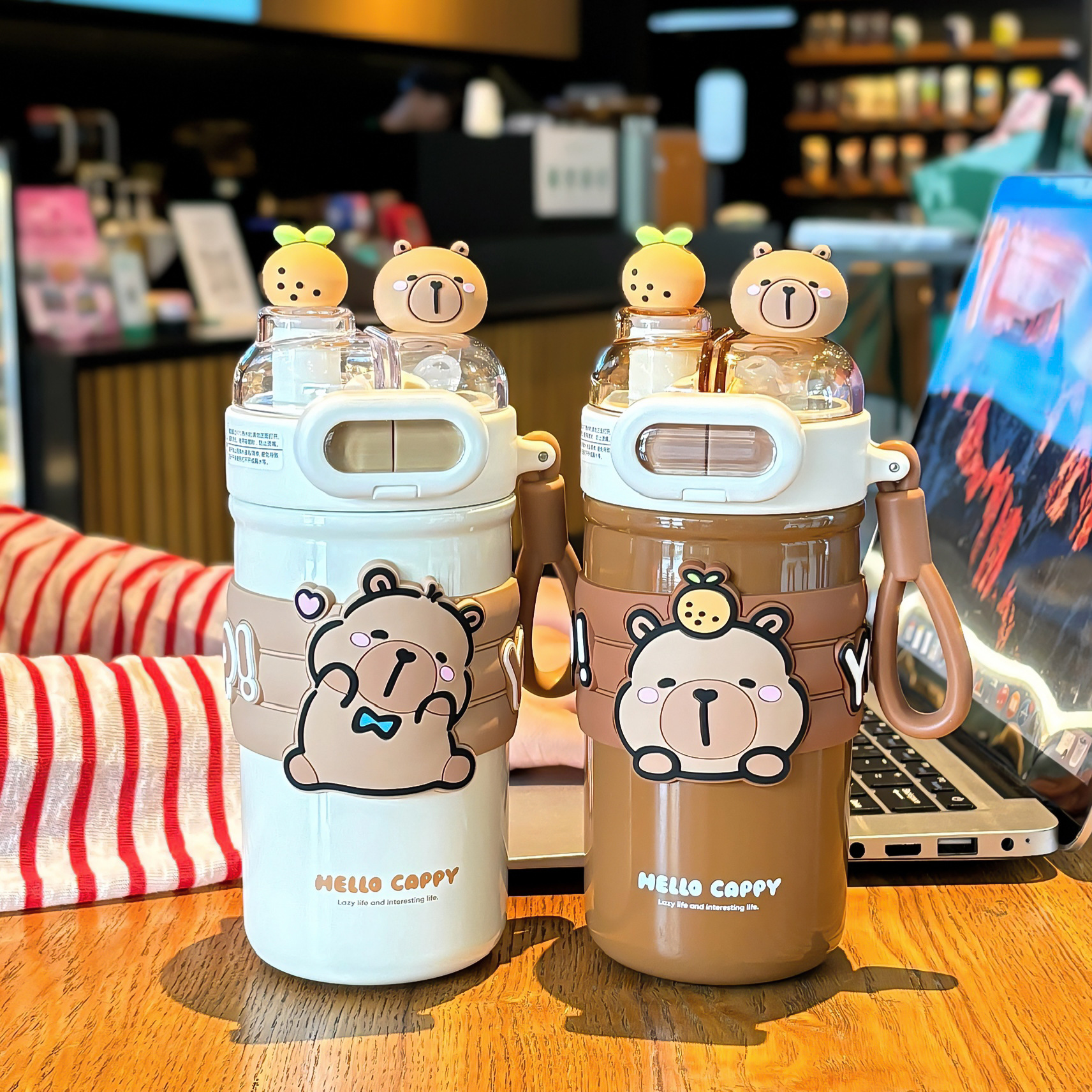 Cartoon cute Capibara glasses, double drinking cup, insulated cup, 316 stainless steel portable lock buckle drinking cup for children details Picture