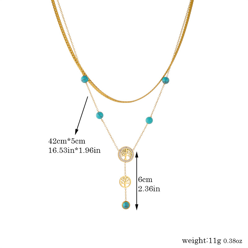 European and American retro, simple and fashionable double-layer gold-plated stainless steel chain tassel life tree blue turquoise accessory necklace Application Scenario