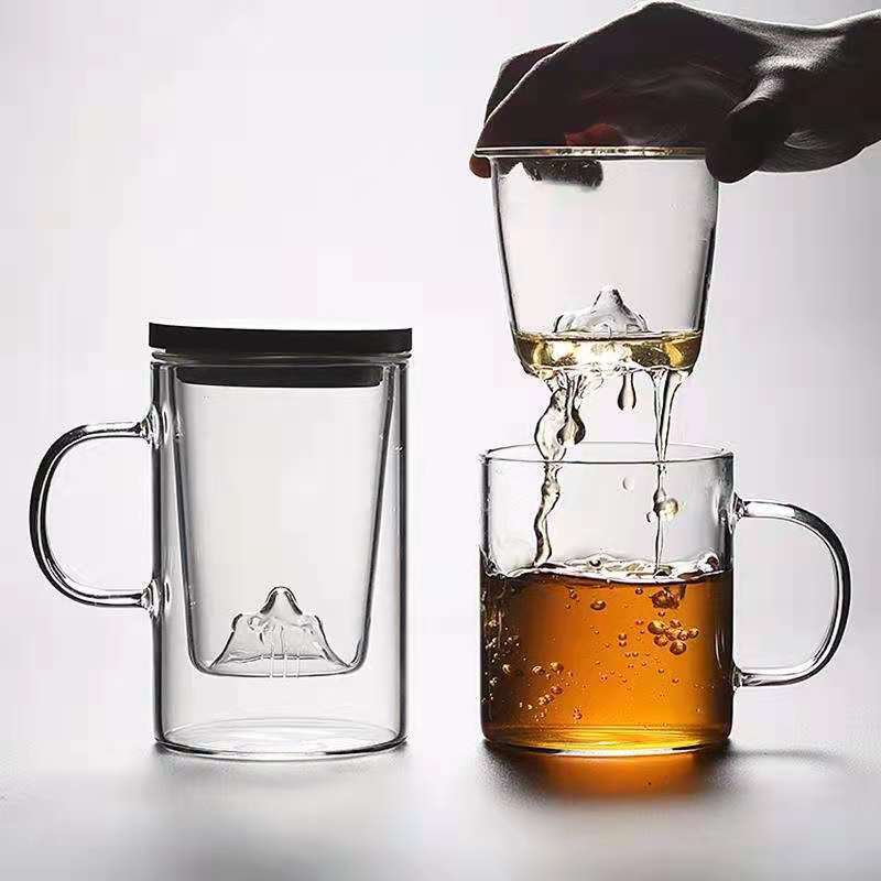 Transparent glass mountain-viewing cups, tea-water separation cups, thickened cups, household high-temperature resistant tea cups and tea sets wholesale Specification drawing