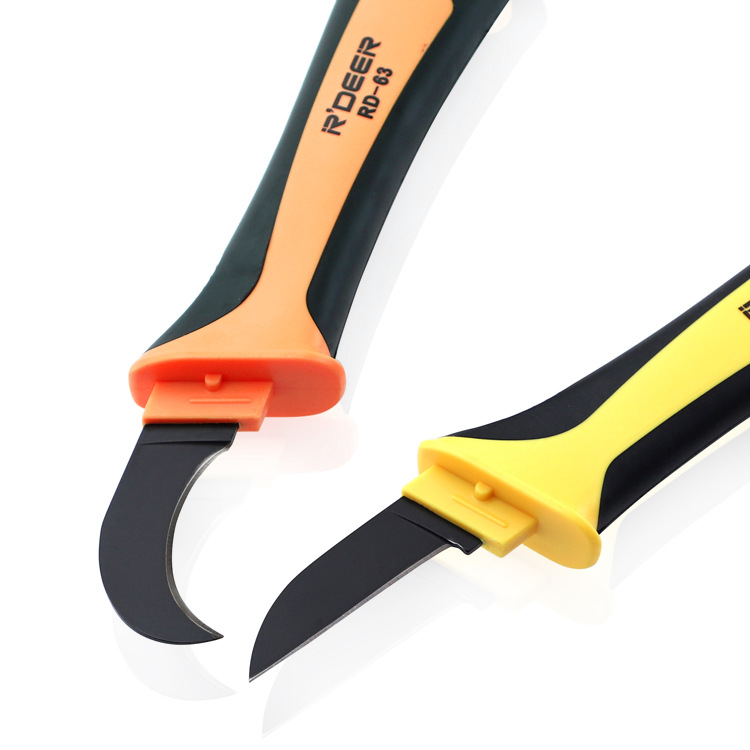 Multi-functional electrician's knife set, straight and curved edge insulated wire stripper, wooden handle wire and cable stripping knife, wire cutting tool Application Scenario