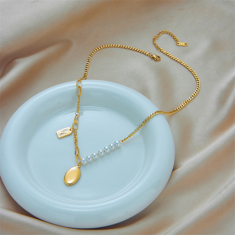Metal spliced collarbone chain, elegant and high-end geometric pearl round plate, square pendant, irregular design sense necklace Specification drawing