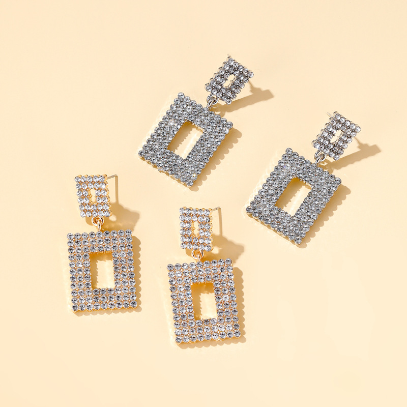 Cross-border best-selling earrings: Exaggerated long diamond geometric earrings, elegant socialite style, simple hollowed-out square earrings details Picture