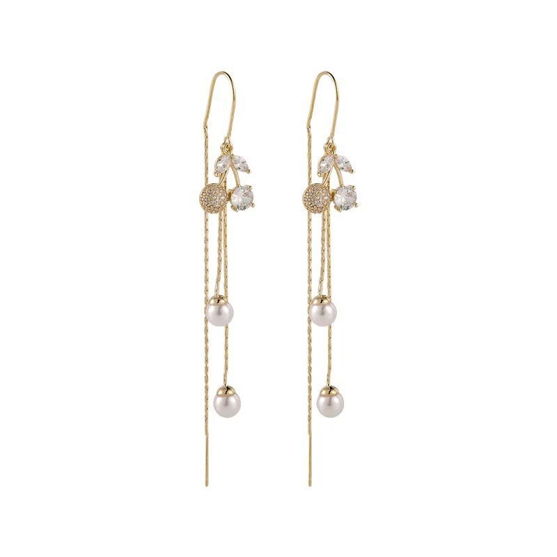 Fashionable and elegant, exquisite cherry ear thread, high-end autumn and winter, long tassel pearl earrings, versatile and personalized earrings for women Item Picture