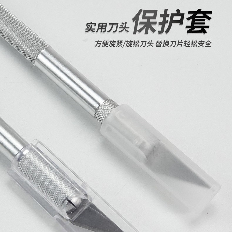 The manufacturer wholesals handheld aluminum alloy rod engraving pen and knife caps, which are safe and practical. The plastic transparent knife heads protect the pen caps full figure