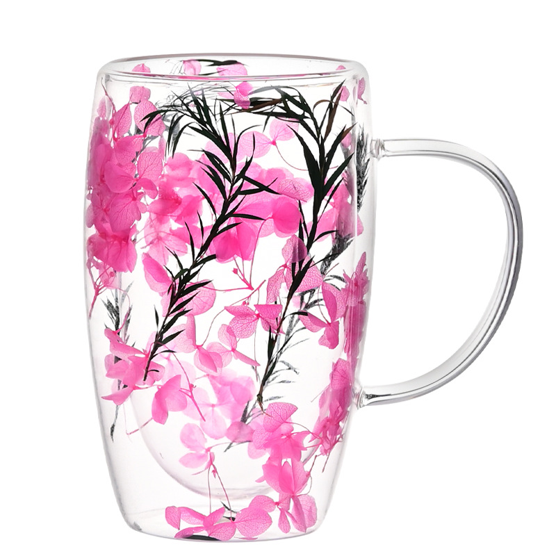 Factory wholesale high borosilicate large-capacity double-layer petal water cups, household dried flower flowing sand creative breakfast coffee cups Item Picture