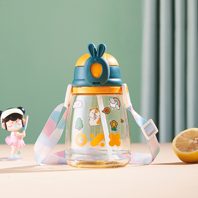 Cute water cup with straw, large-capacity portable outdoor plastic cup, student space cup, cartoon pattern slanted cross cup Application Scenario