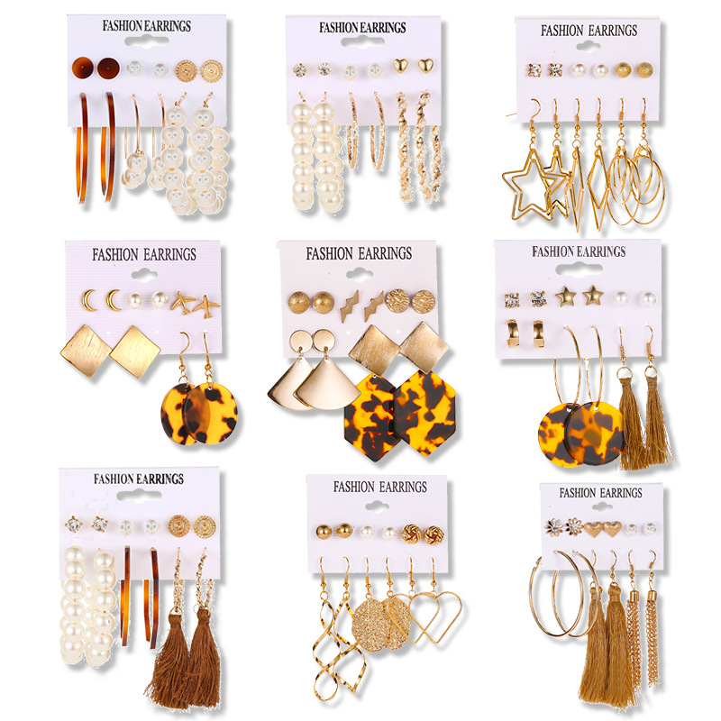 Cross-border best-selling new ear accessory fashion set: Fringed earrings, Bohemian-style leaf geometric 6-pair stud earrings full figure