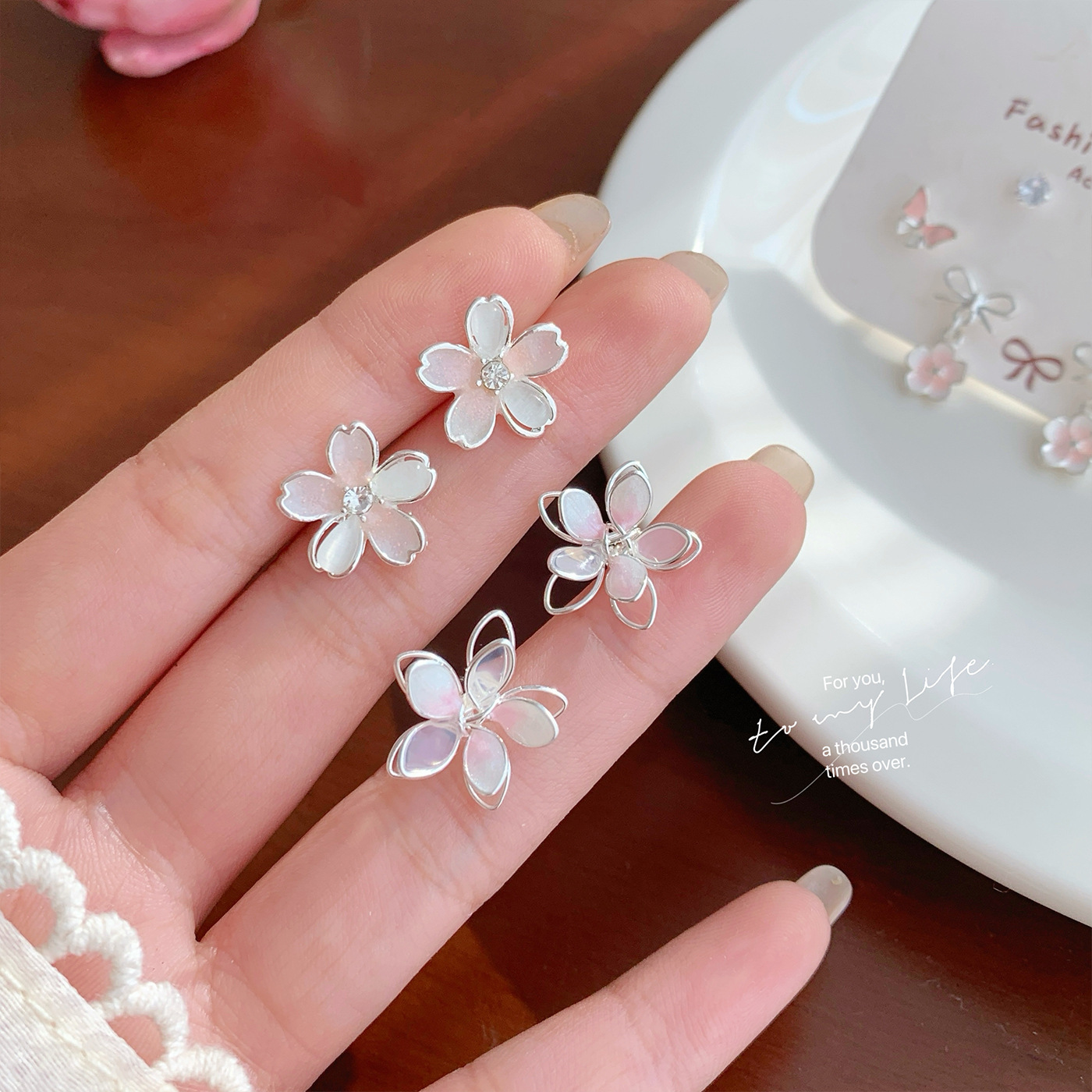 Sweet pink cherry blossom earrings for spring and summer, with a light luxury and high-end feel. Silver needle, super ethereal butterfly, elegant oil-dripping earrings details Picture