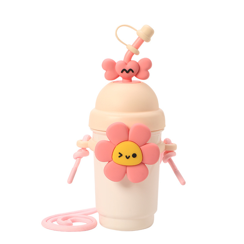 Popular cartoon straw plastic cup, high appearance level, drawstring, sun flower water cup, milk tea cup for boys, girls, students and children Item Picture