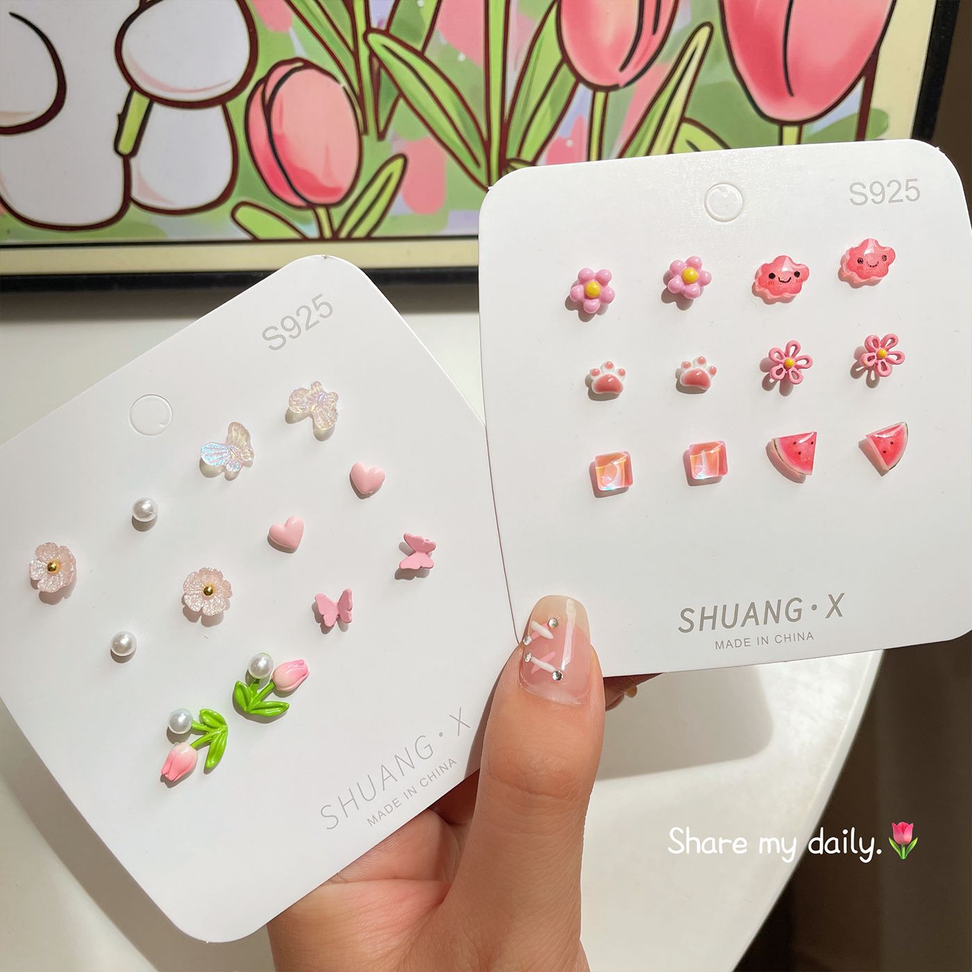 Fresh small stud earrings, no repetition for a week collection of stud earrings, women's silver needle, small and exquisite floral earrings wholesale in Yiwu full figure