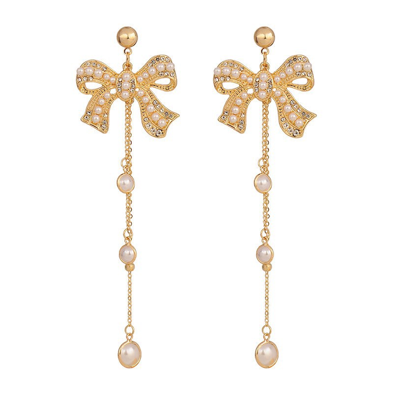 Korean style fashion socialite style pearl full diamond bow earrings with tassels, high-end long and exquisite earrings for women wholesale Item Picture