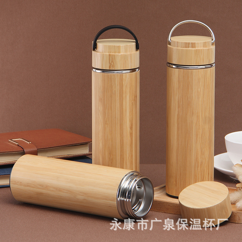 Customized European and American style bamboo shell insulated cups, double-layer stainless steel bamboo shell insulated cups, handle bamboo lid cups, customizable logos full figure