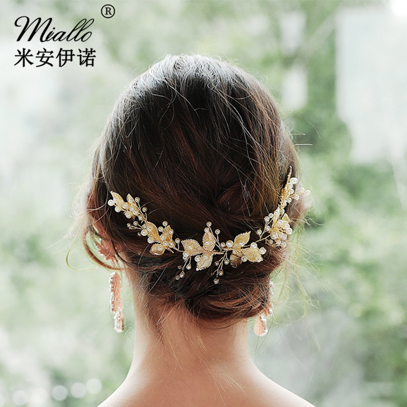 Korean-style beautiful bridal headwear, alloy leaf handcrafted pearl pair comb, bridal accessories, hair comb factory direct sales full figure