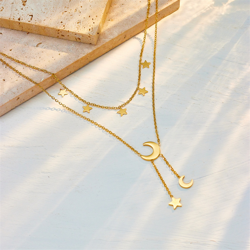 Korean version double-layer stacked white shell star moon titanium steel versatile tassel collarbone chain jewelry necklace Specification drawing