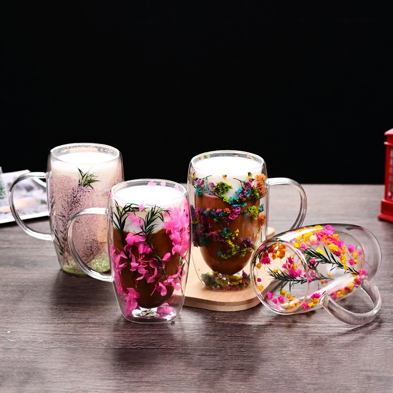 Factory wholesale high borosilicate large-capacity double-layer petal water cups, household dried flower flowing sand creative breakfast coffee cups Specification drawing