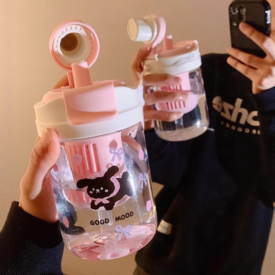 Girls' double-drinking plastic cup, cartoon cute straw cup, portable high appearance level student water cup, rotating straw mouth water cup details Picture