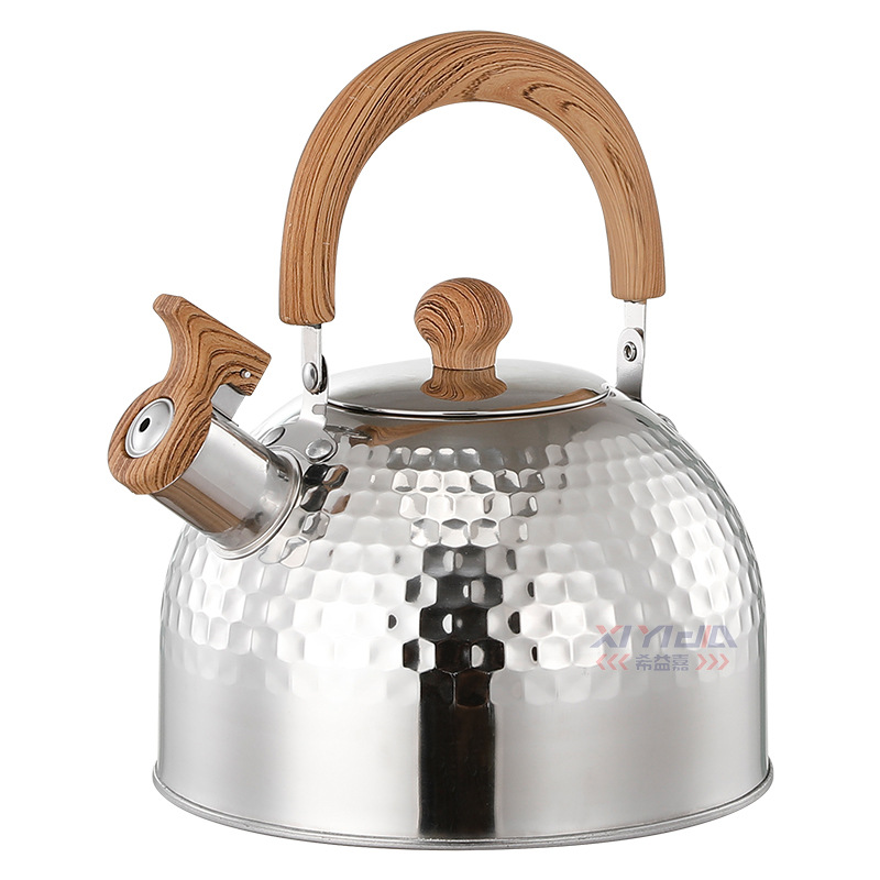 Xiyijia stainless steel whistling kettle, flat-bottomed household whistling kettle, hammer-patterned retro wooden handle, large-capacity whistling kettle Item Picture