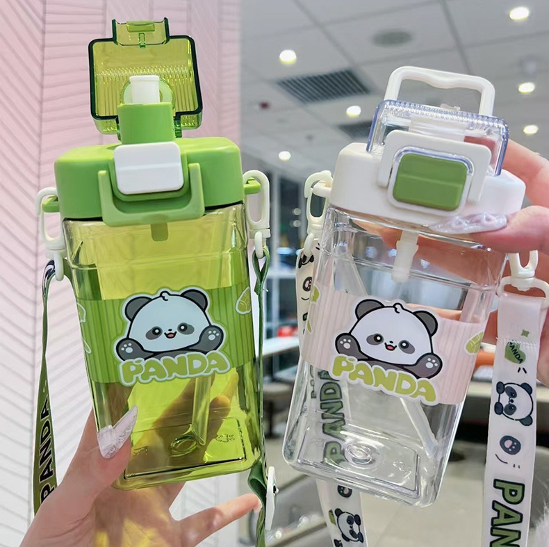 Yitong New Panda Simple Double-Drinking Plastic Cup, Portable square Cup, Cartoon Children's Water bottle, Lock buckle pop-up lid straw cup Specification drawing