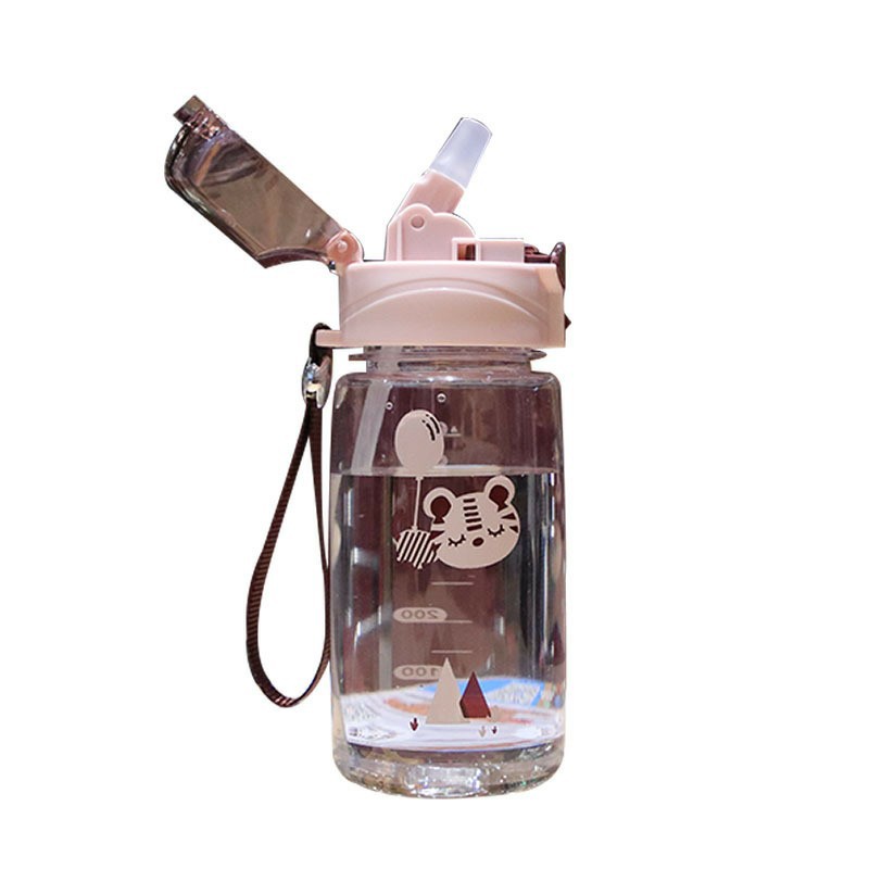 New cartoon bouncing lid plastic straw cup with drawstring scale children's water bottle, heat-resistant, shockproof and leak-proof cup Item Picture