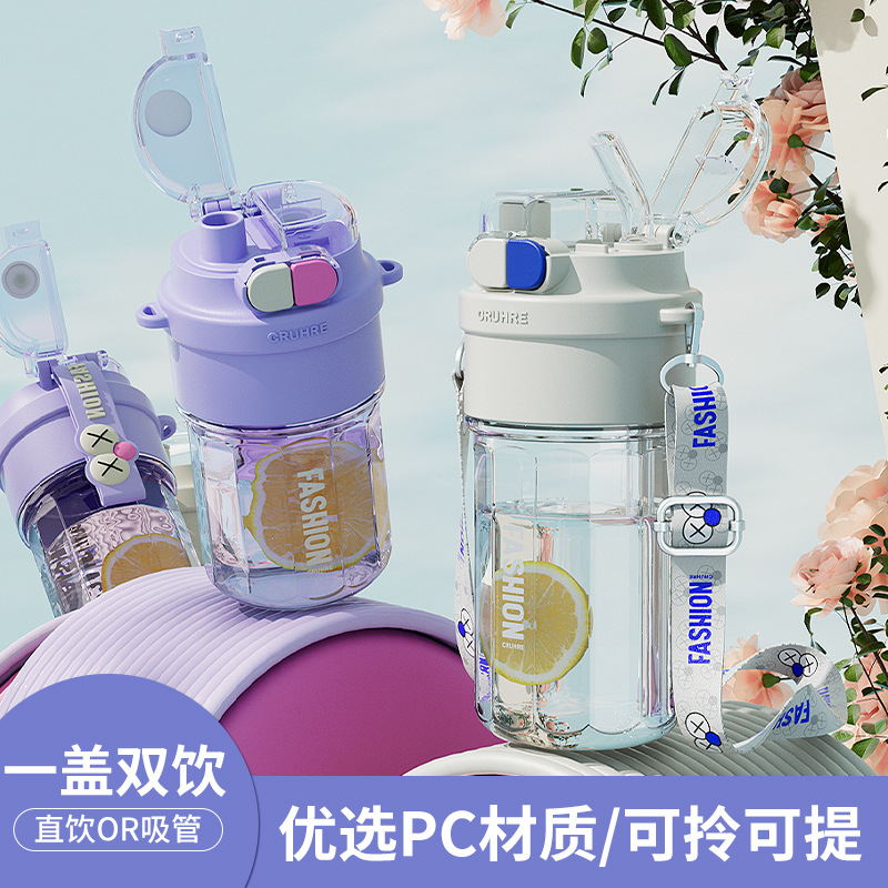 High appearance level, big eyes plastic cup, large capacity, convenient water cup for men and women's sports, creative dual-drinking portable water cup Specification drawing