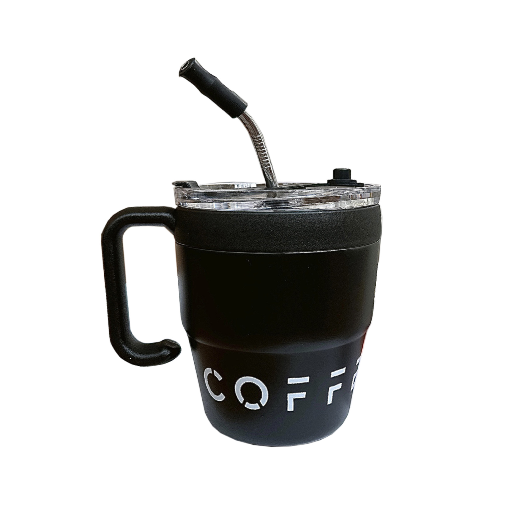 Ins simple coffee cup with straw, fashionable office water cup with handle, portable double-drinking couple stainless steel cup Item Picture