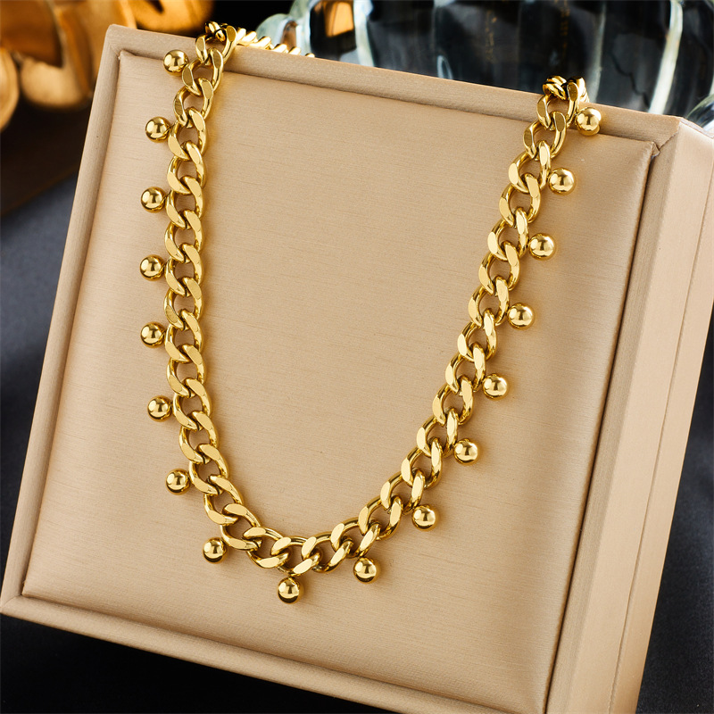 Fashionable, niche and simple design metal titanium steel thick chain gold bead pendant jewelry collarbone chain necklace full figure