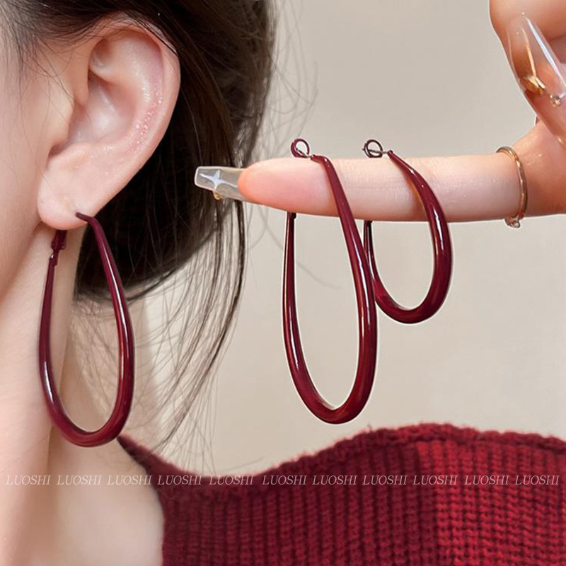 Red retro-styled large circle earrings for women, 2024 new bestsellers, ear rings and stud earrings, high-end earrings for autumn and winter Specification drawing