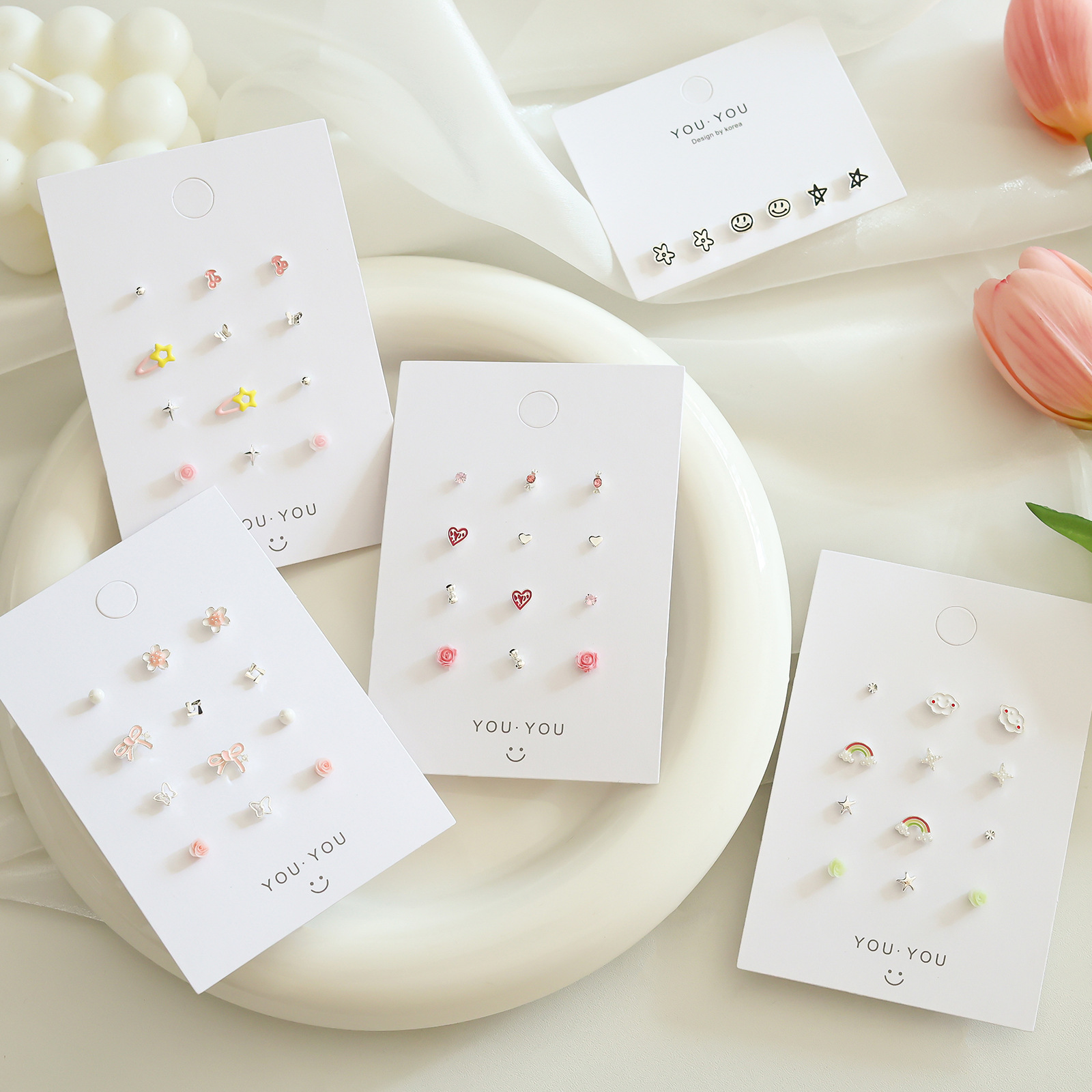 Early spring pink small and exquisite silver stud set, versatile, simple daily student earrings, personalized earrings for women wholesale full figure