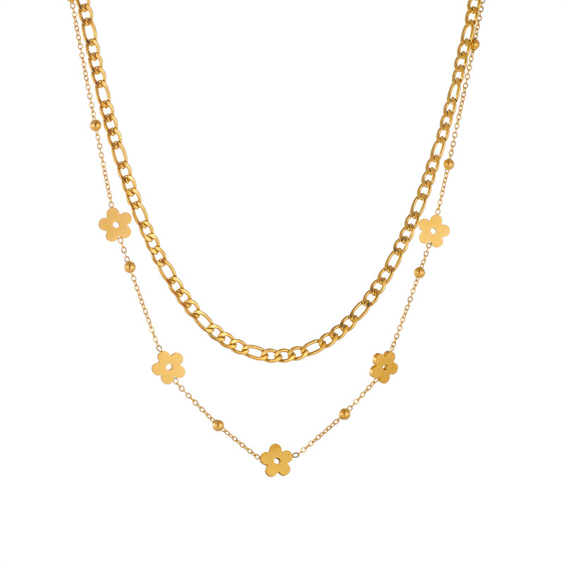 Korean-style fashionable and niche design, gold-plated stainless steel smooth floral accessory chain, double-layered necklace Item Picture