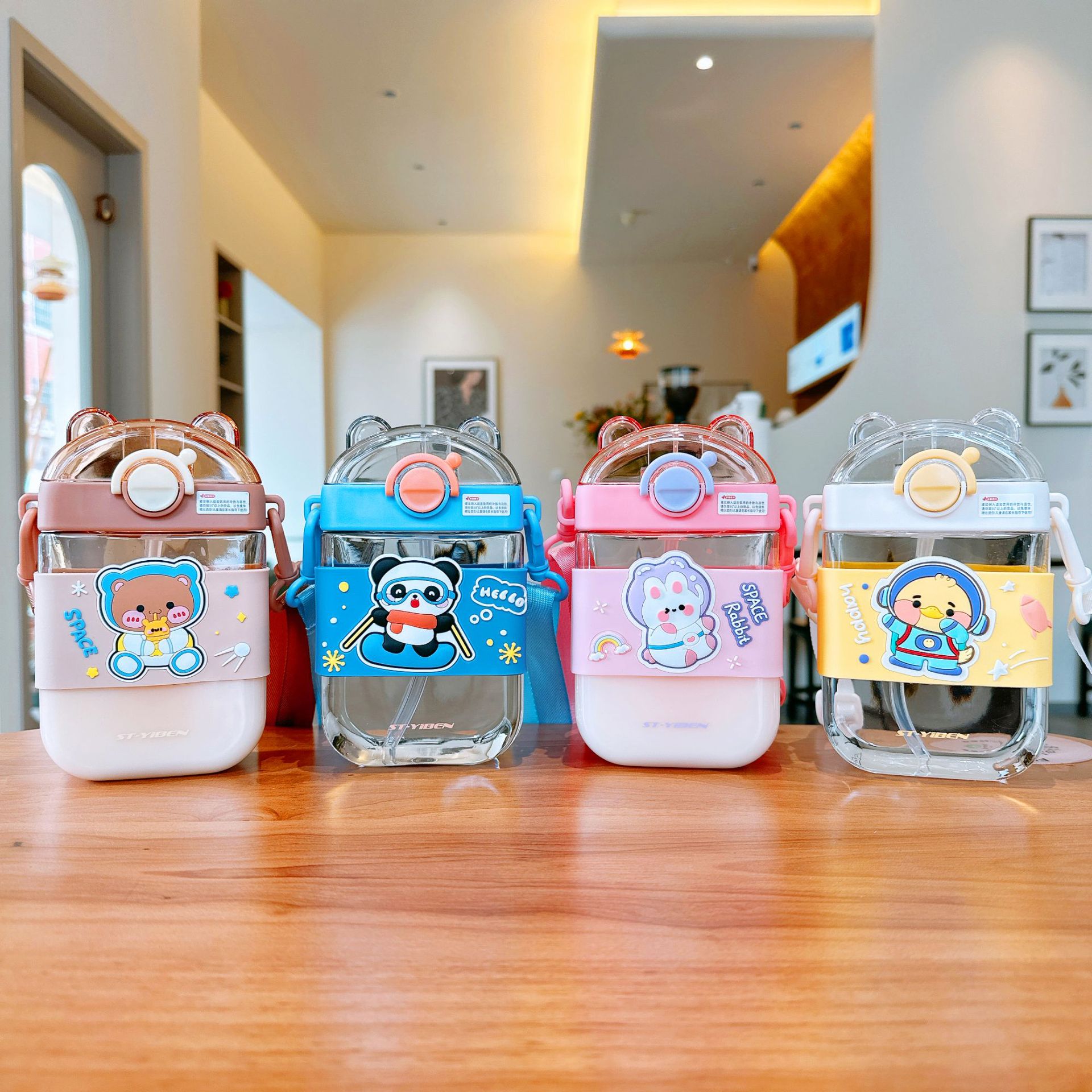 Cute square straw cup, cartoonish and adorable, high appearance level plastic cup, flat portable pop-up lid water cup for children and kindergartens details Picture