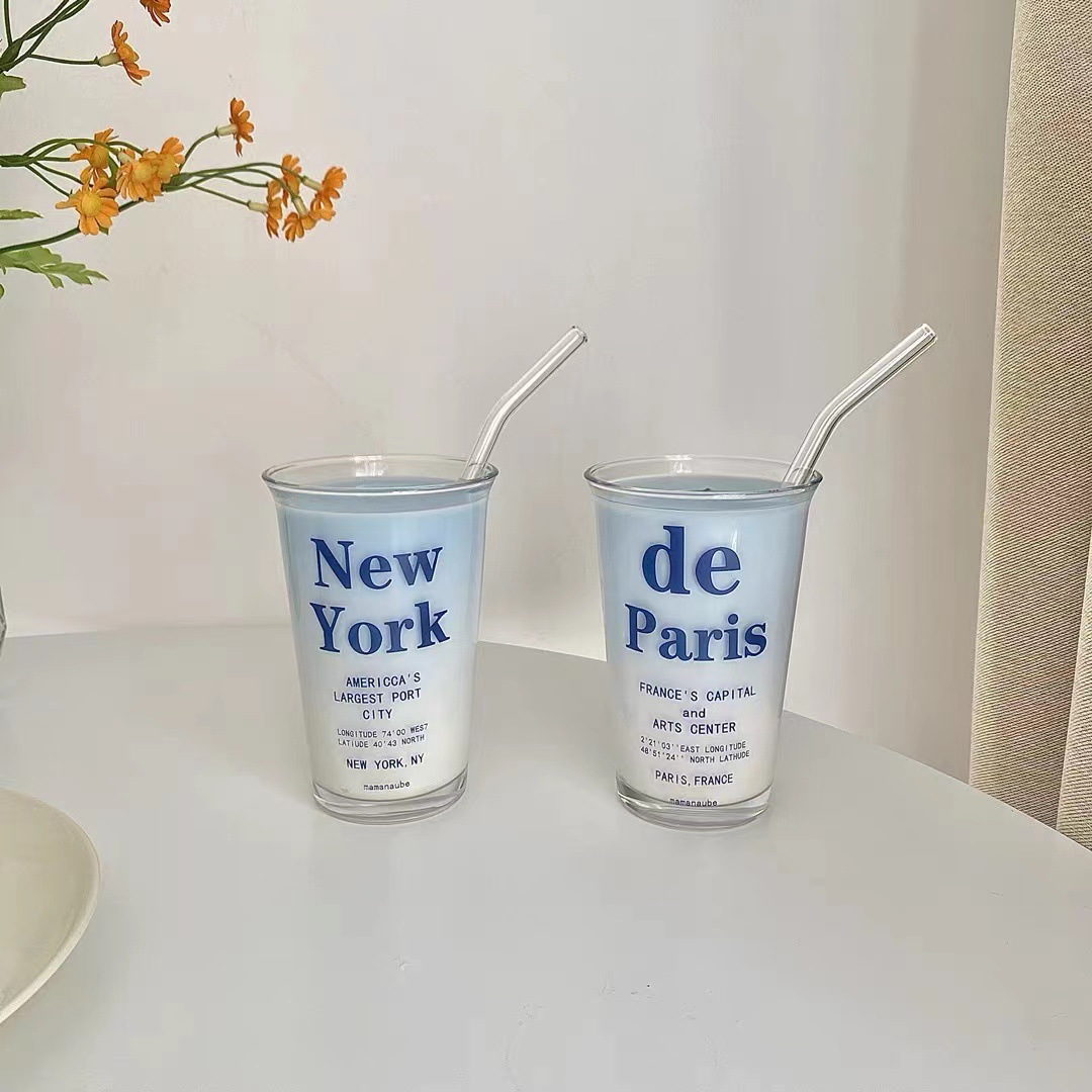 Ins-style French letter glass cups, internet-famous water cups, high school girls' appearance level, student breakfast cups, milk cups details Picture