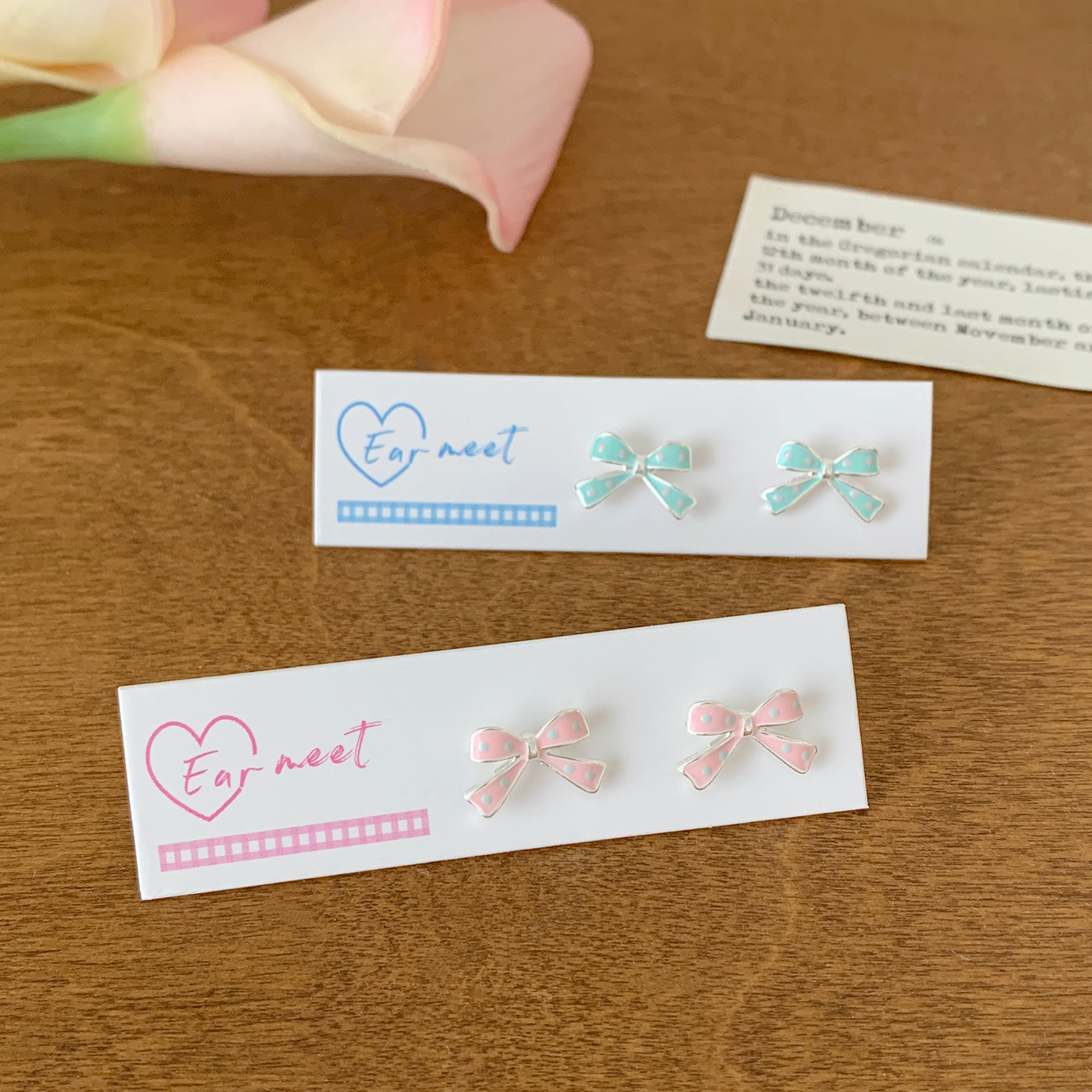 Korean sweet oil-dripping polka dot bow stud earrings, small and simple new style, versatile and girlish heart earrings details Picture