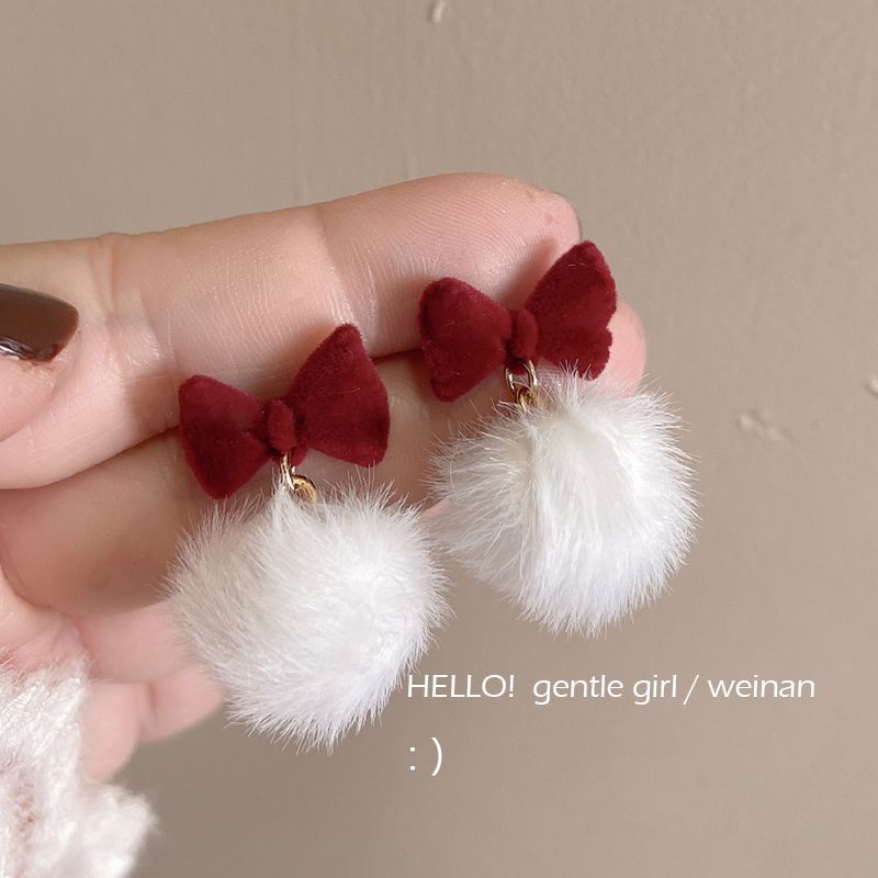 New Year and Christmas festive pom-pom earrings, 2024 new bestsellers, trendy autumn and winter high-end pearl stud earrings details Picture