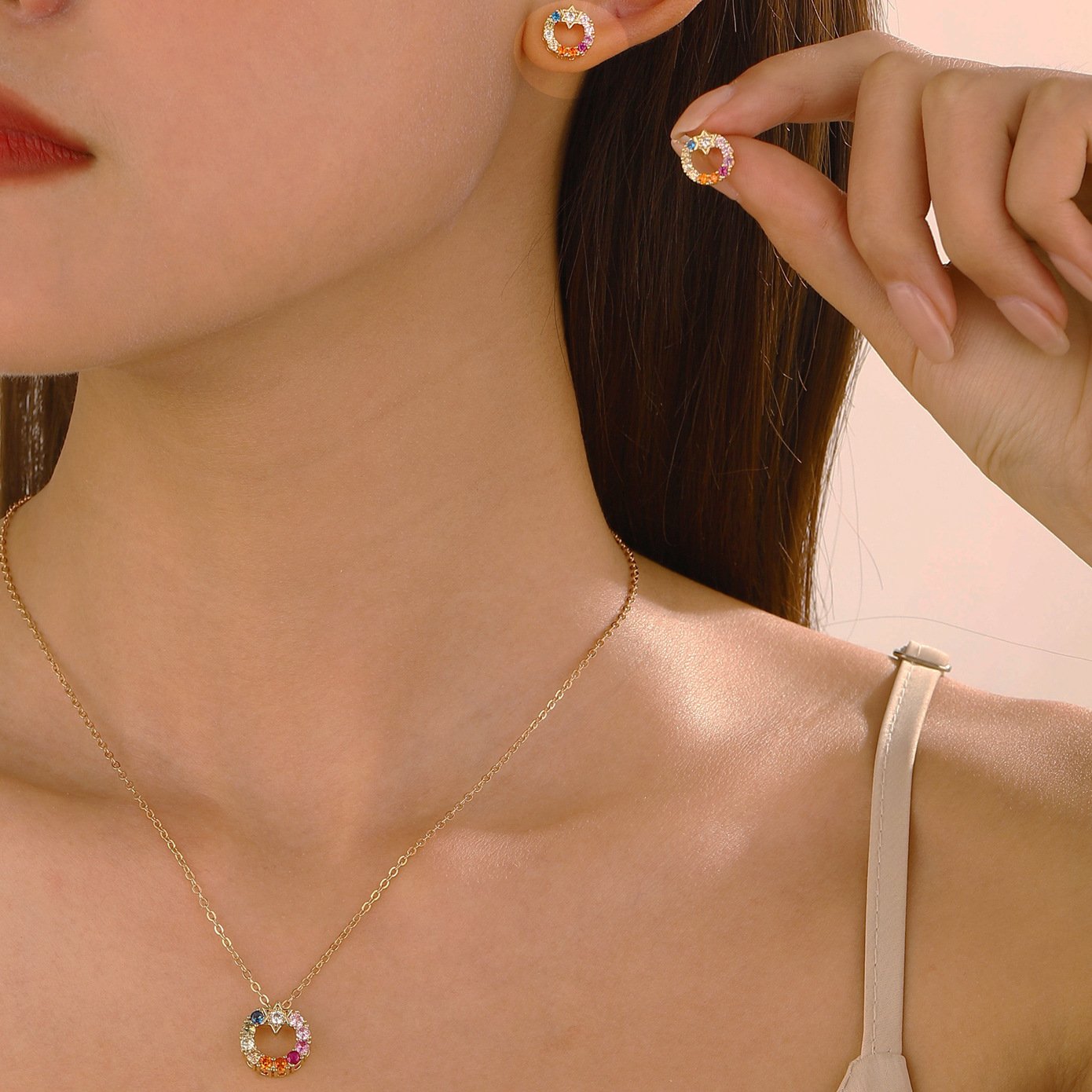 New cross-border copper inlaid colored diamond star jewelry set for women, InS-style European and American colored round necklace and earrings set Application Scenario