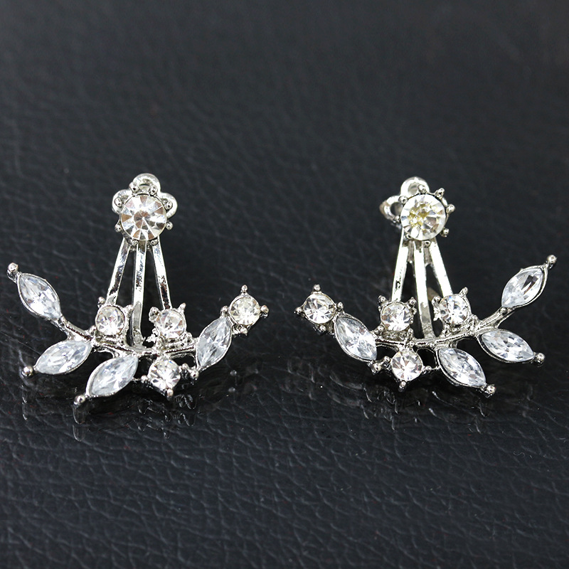 Wholesale of popular Korean fashion girls' accessories: diamond-encrusted crystal leaf earrings, branch hanging zircon stud earrings Specification drawing