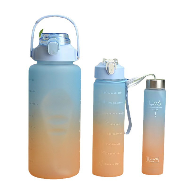 Summer gradient color plastic water cup, frosted cup, portable sports outdoor large-capacity car three-piece set, straw cup Item Picture
