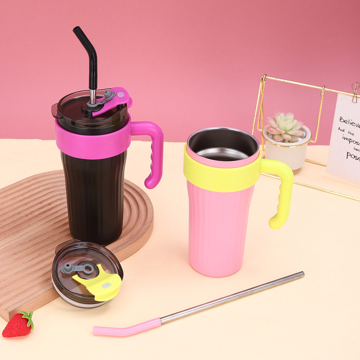 High-quality appearance level couple cold preservation ice cup, household large-capacity handle straw cup, double-layer vacuum stainless steel insulated cup Specification drawing