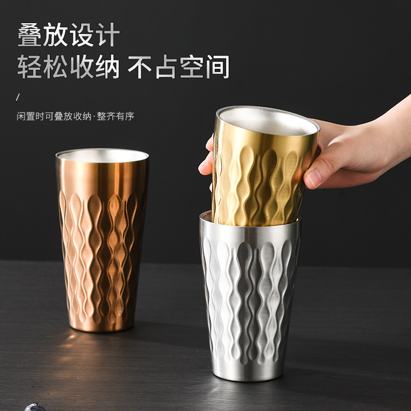 Cross-border creative Korean-style double-layered beer mug logo fire diamond pattern coffee cup, 304 stainless steel outdoor water cup Specification drawing