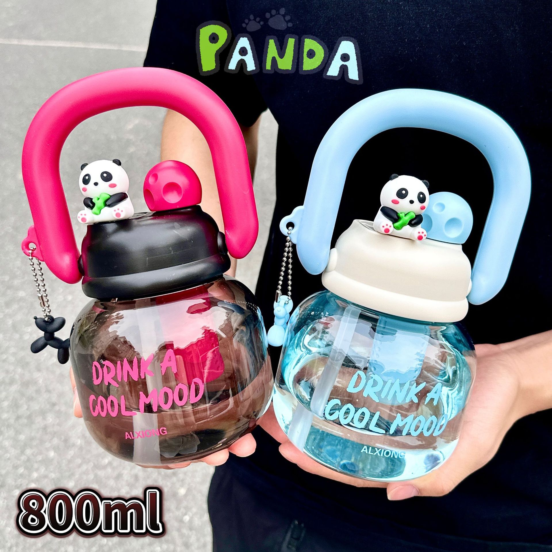 Cute double-drinking large-belted water cup with straw, portable water bottle for students, summer large-capacity plastic cup full figure