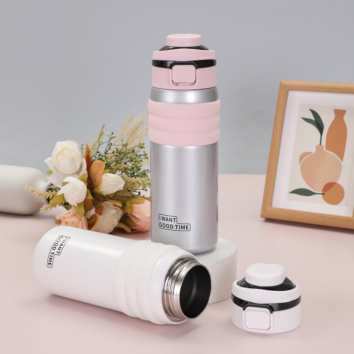 The simple and large-capacity double-drinking cup is made of 316 stainless steel and features a double-layer vacuum insulated cup with a drawstring and a jumping straw cup Specification drawing