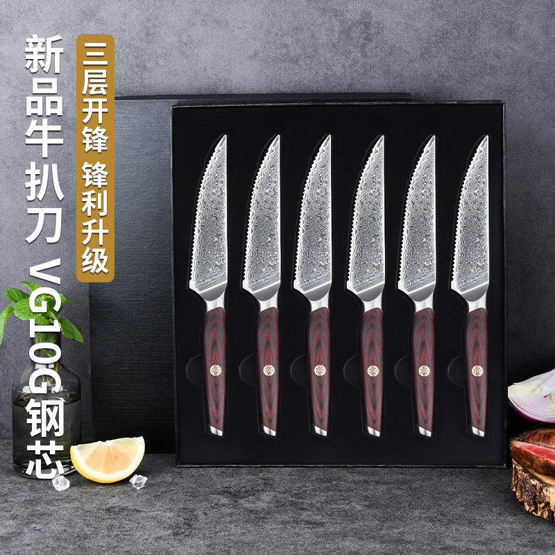 Factory direct sales of Damascus steel steak knives, colored wooden handle steak knives, sharp household and commercial steak knife sets full figure
