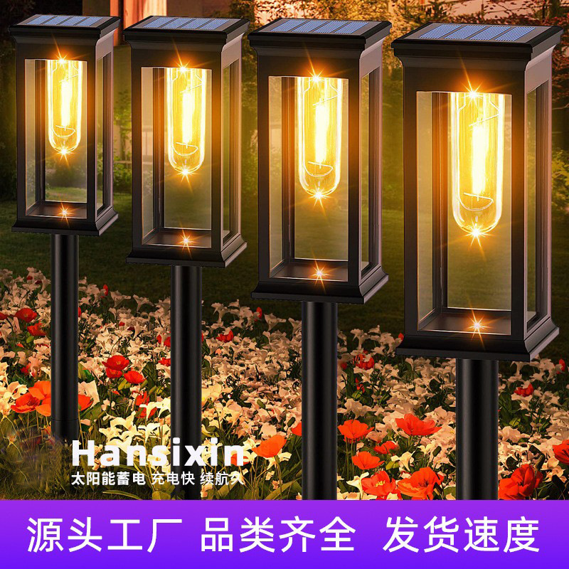 Solar garden lights, cross-border led square tungsten filament lights, outdoor waterproof ground plug landscape lights, garden lights, lawn lights full figure