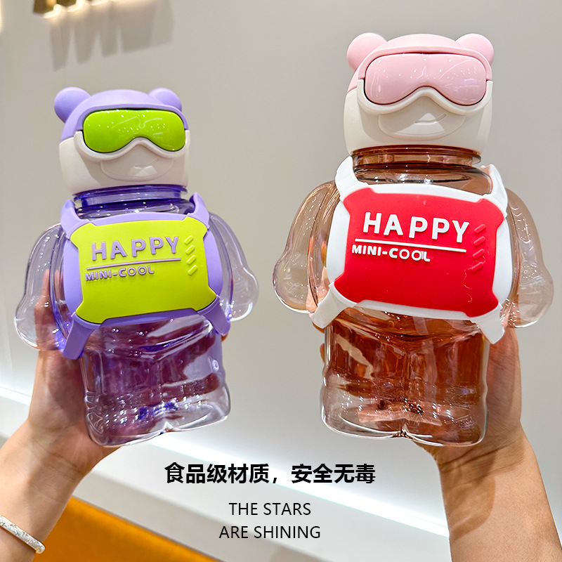 Children's cartoon plastic water cups, high appearance level, large-belted cups, cute summer student space cups, large-capacity straw cups details Picture