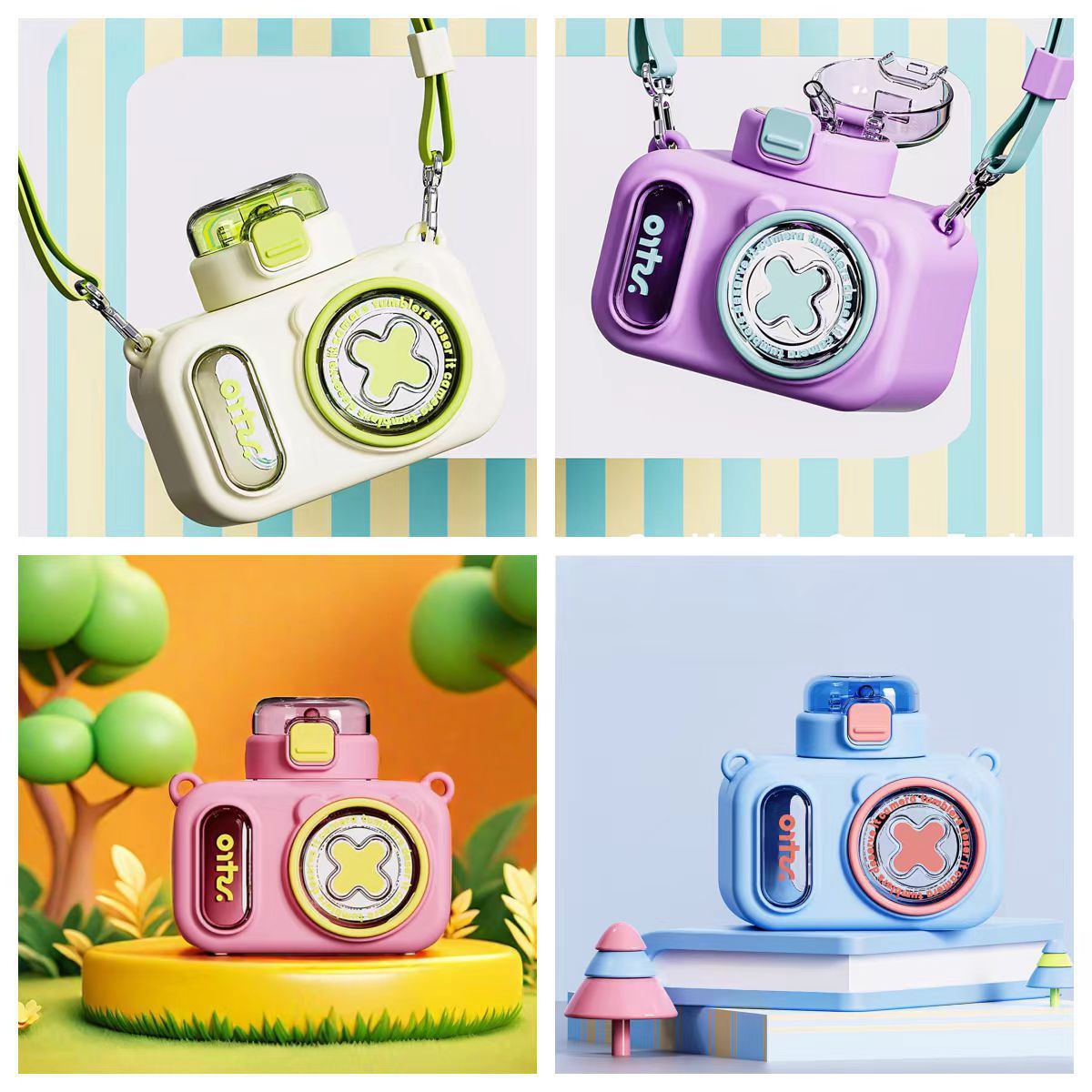 New summer school school cute anti-drop plastic slanted portable water bottle, children's camera straw water cup, high appearance level Application Scenario